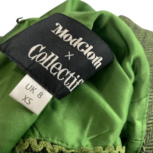 Modcloth x Collectif Dress Size XS US 4 UK8 Herringbone Fit Flare Green Pockets - Picture 8 of 10